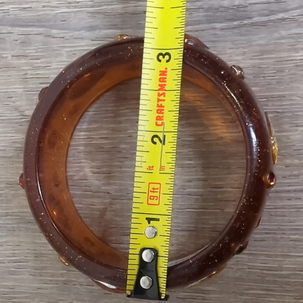 Vintage Lucite Glitter Amber Jeweled Bangle Bracelet - Picture 7 of 9
